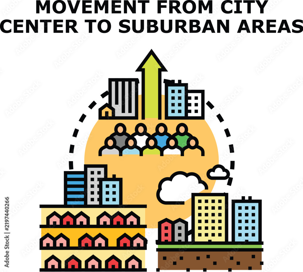 Obraz premium Population movement from dense city areas to spacious suburban communities, illustrated with an upward arrow indicating growth and relocation to residential districts