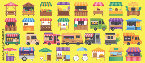 Food trucks and outdoor market stalls with vibrant awnings for street festival design