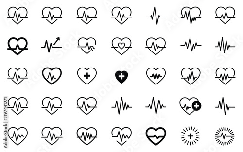 Medical heart beat line vector icons collection concept, black pulse shape, electrocardiogram sign for health diagnosis symbol