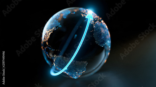 Glowing upward trend line emerging from a transparent digital globe, global business growth, technology investment, economic expansion, data-driven strategy, futuristic financial