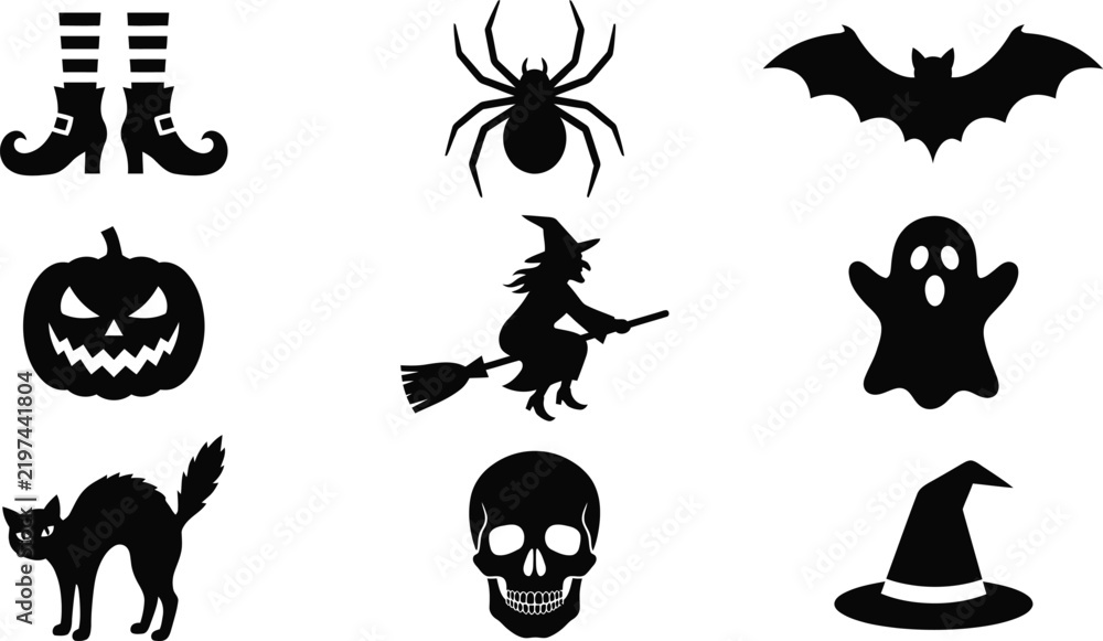 Fototapeta premium Set of black halloween icons with witch ghost spider and pumpkin