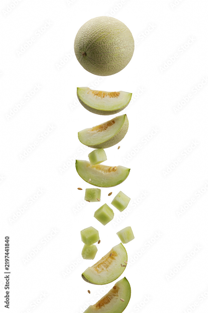 Obraz premium Fresh honeydew melon png whole melon png sliced melon png falling fruit png transparent image
