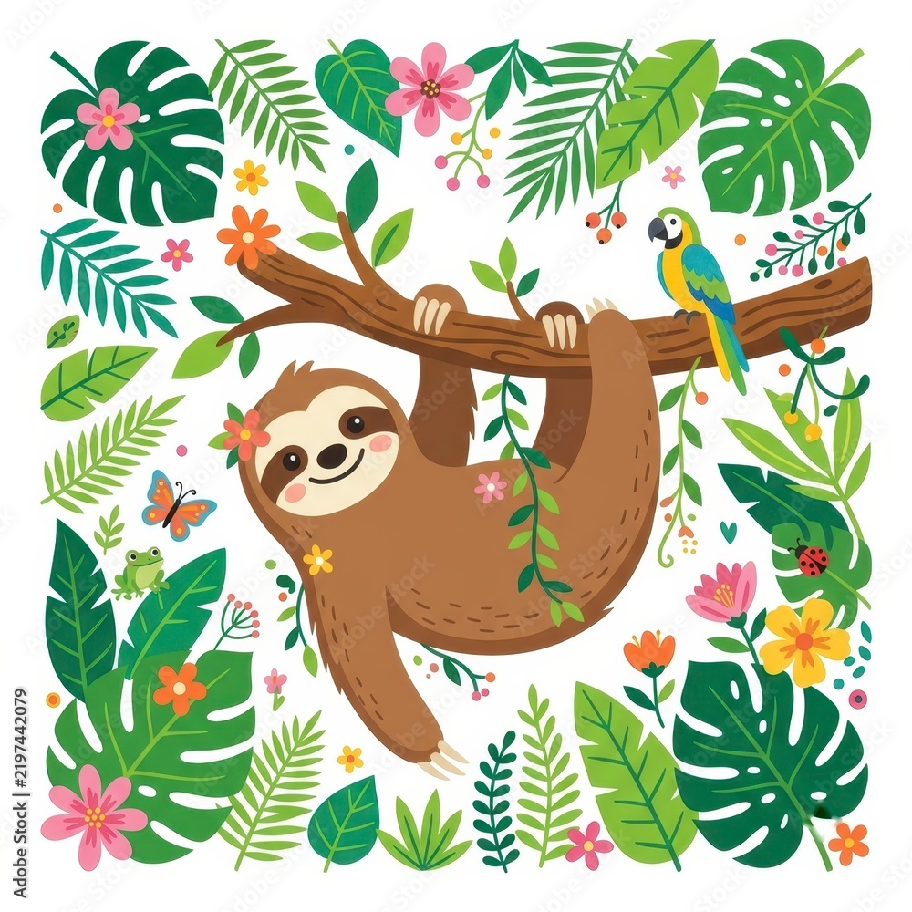 Obraz premium Cute sloth hanging on tree branch with tropical leaves