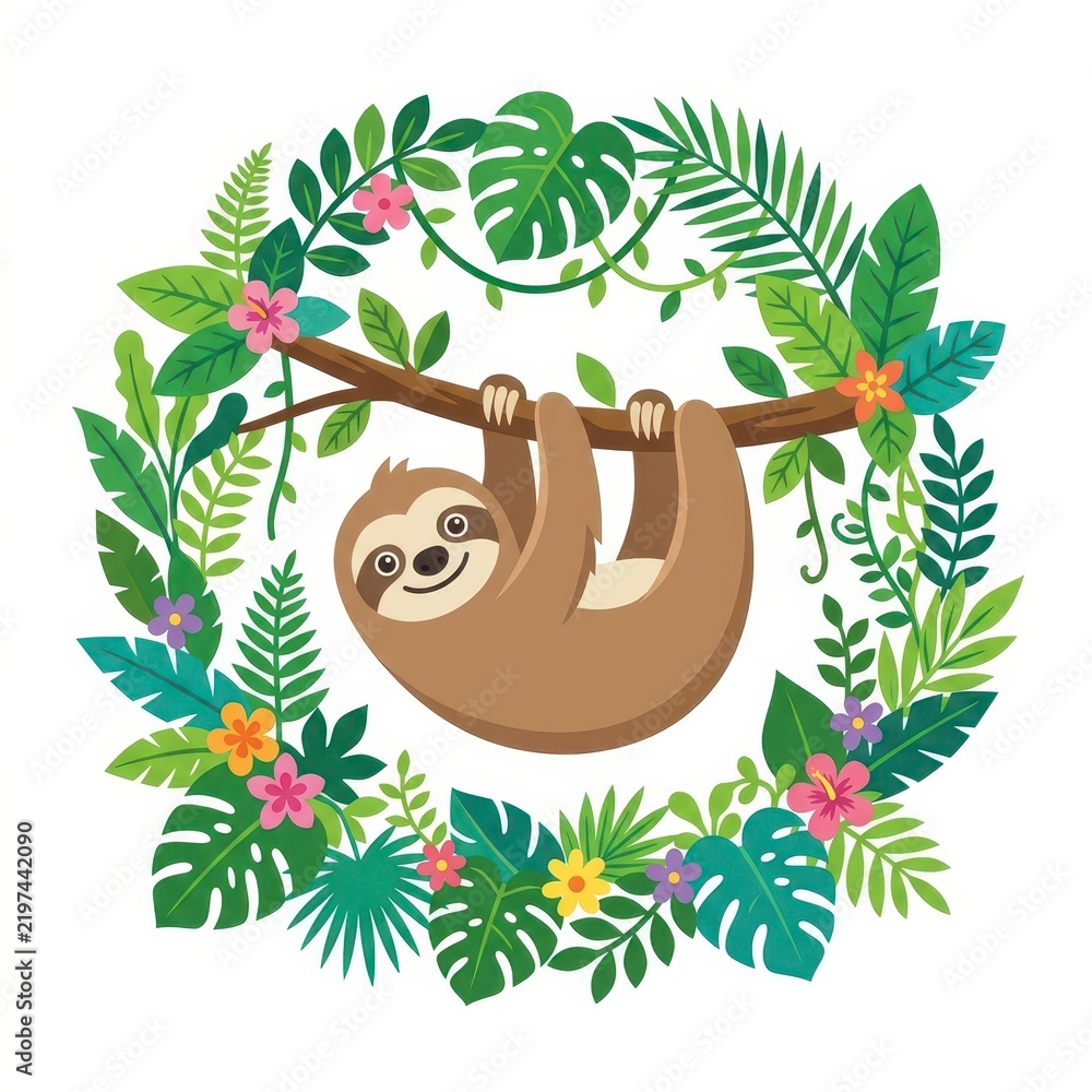 Obraz premium Cute sloth hanging on branch in tropical floral wreath