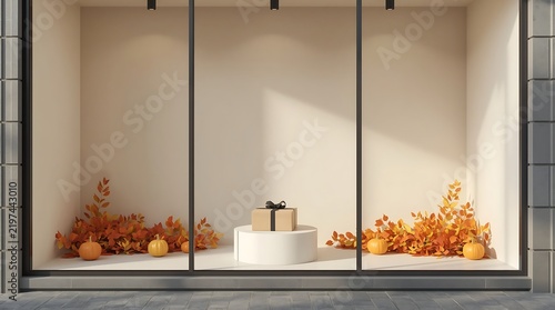 Minimalist Autumn Storefront Window Display Featuring a Gift Box on a White Podium Surrounded by Dried Fall Leaves and Pumpkins for Seasonal Retail Promotion and Thanksgiving Sale
