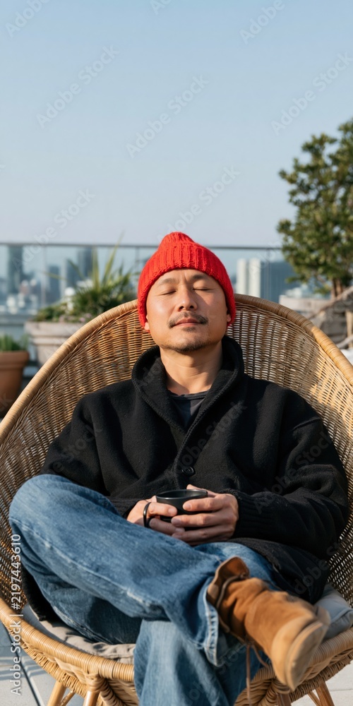 Obraz premium Man relaxing on rooftop wicker chair wearing a red beanie with city skyline background for lifestyle banner and relaxation design