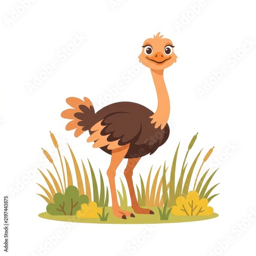 Cute cartoon ostrich in the grass