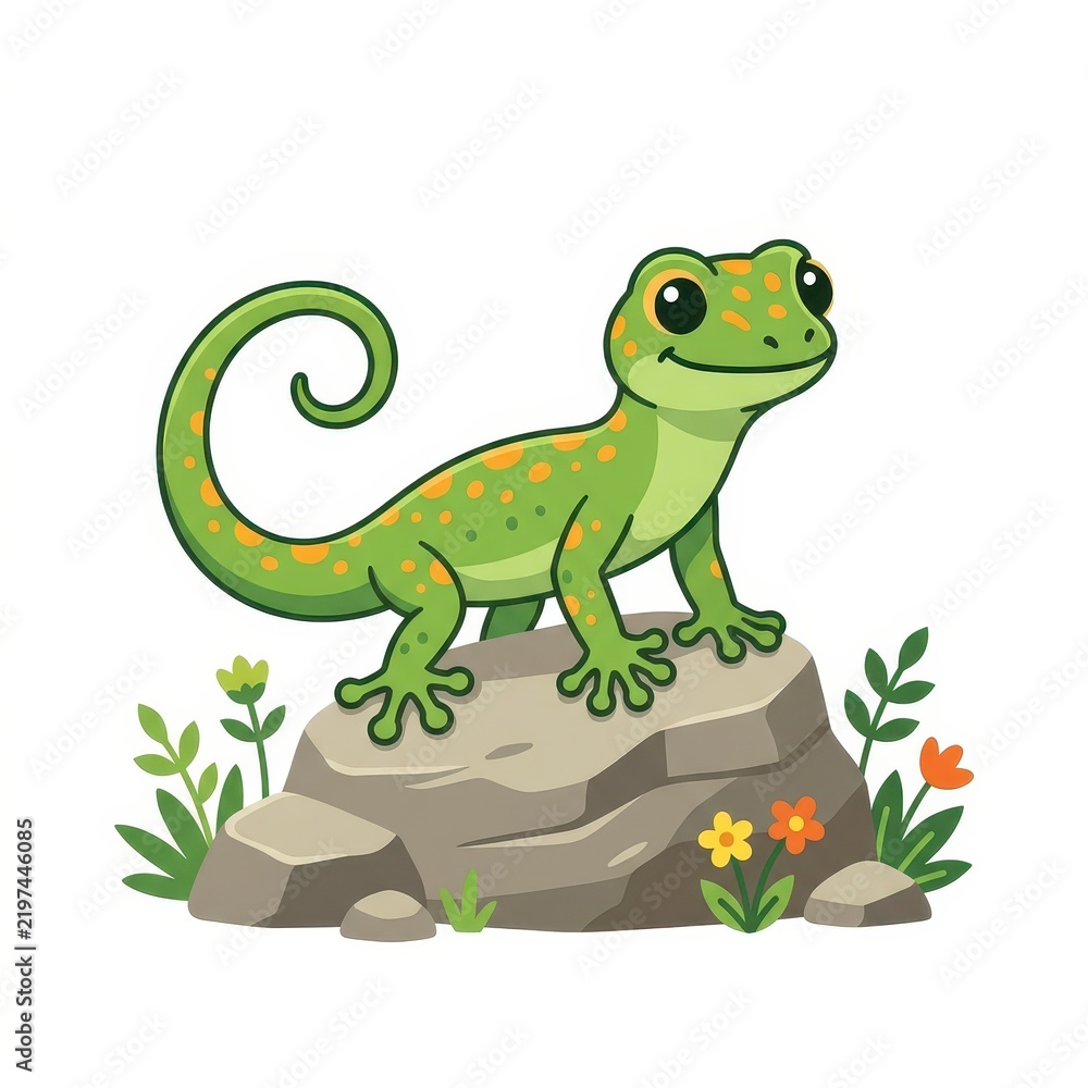 Obraz premium Cute cartoon gecko on a rock