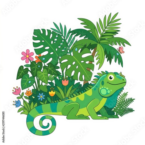 Cute green iguana in tropical jungle foliage