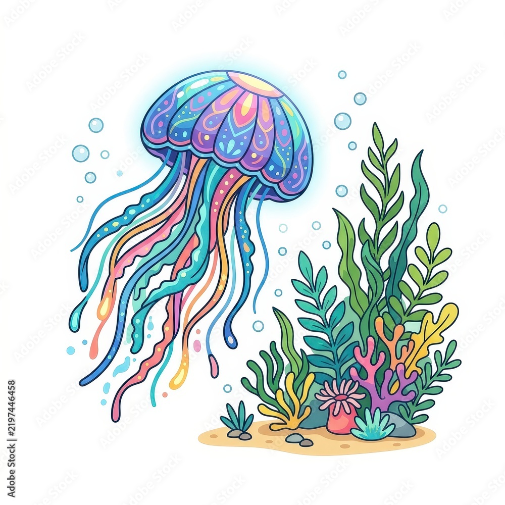 Fototapeta premium Colorful jellyfish and coral reef underwater vector illustration