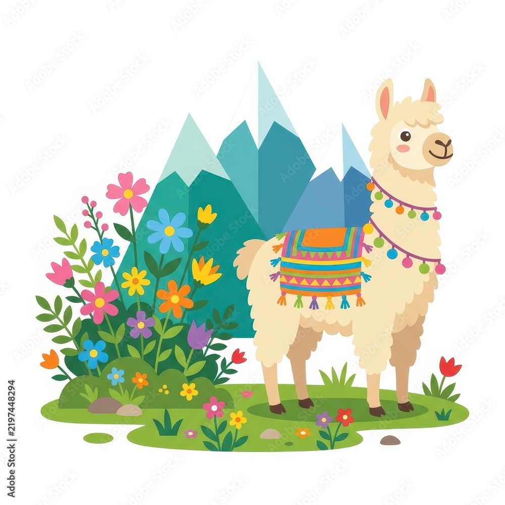 Fototapeta premium Cute llama with flowers and mountains vector illustration
