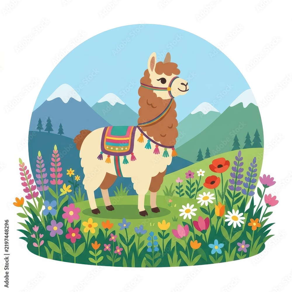 Obraz premium Cute llama in mountain meadow with flowers vector illustration