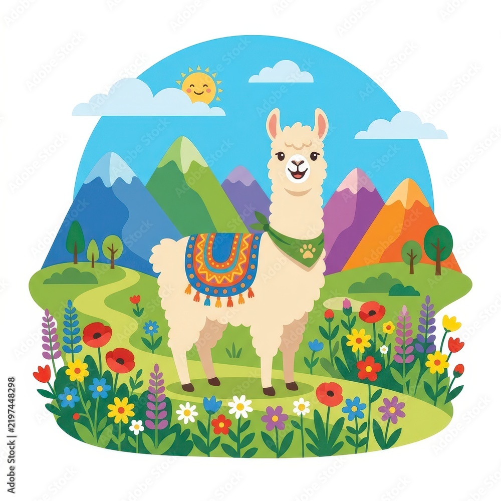 Obraz premium Cute llama in mountain landscape with flowers