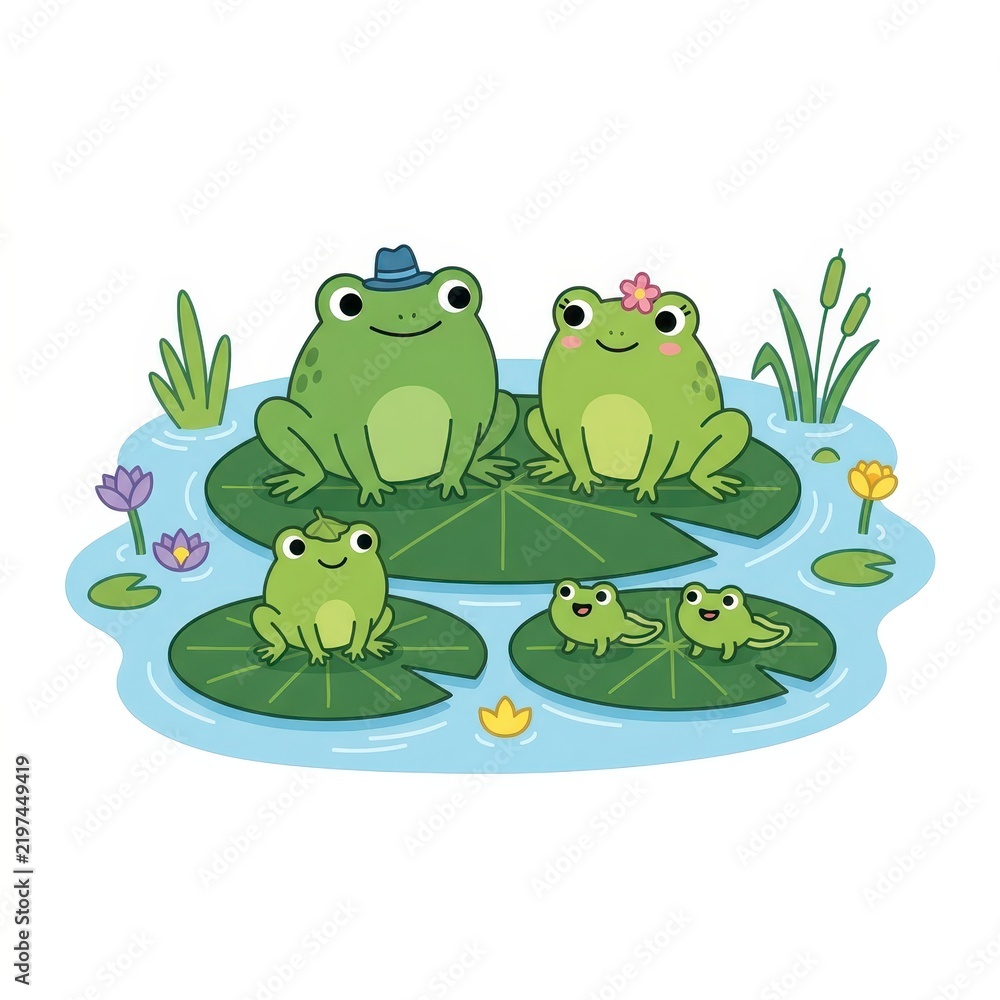 Fototapeta premium Cute frog family illustration on lily pads