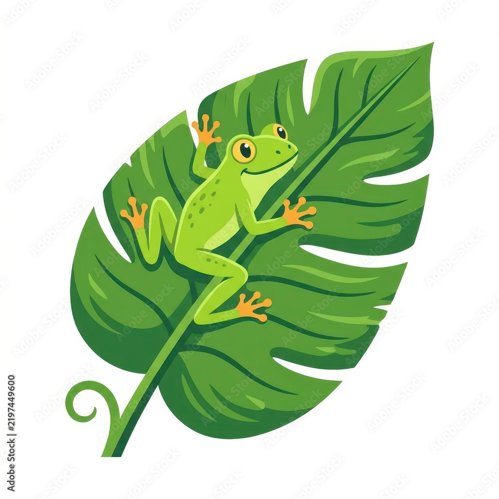 Fototapeta premium Cute frog on a tropical leaf