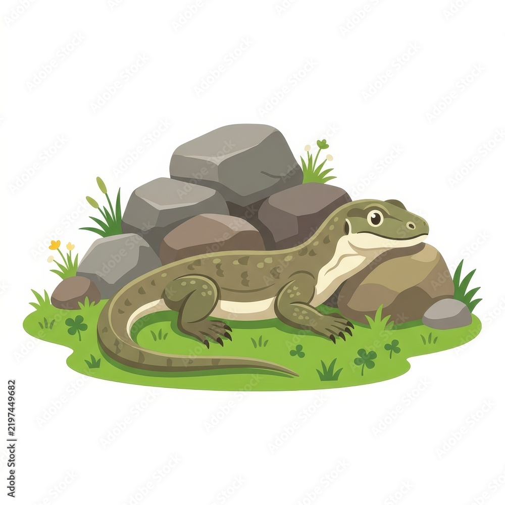Obraz premium Cartoon lizard on rocks with grass