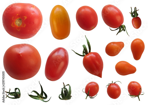 Obraz na płótnie Collection collage set of various fresh red and orange tomatoes, including round, plum, grape, and pear-shaped varieties with green stems, isolated on a transparent background PNG