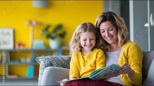Beautiful mother and her happy little daughter enjoying a storybook together on the living room sofa