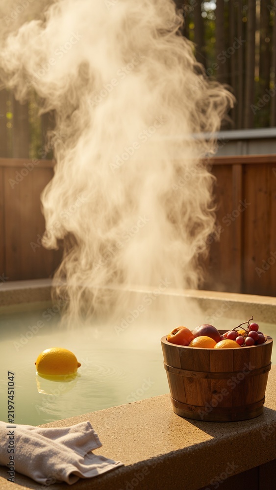 Fototapeta premium Relaxing Japanese Onsen Scene With Yuzu and Fruits