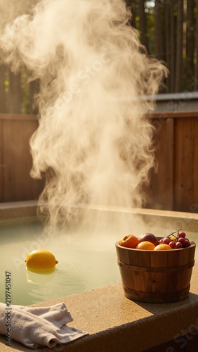 Relaxing Japanese Onsen Scene With Yuzu and Fruits