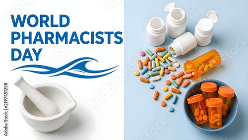 World pharmacists day celebration with pharmacy supplies and medication on a table with a blue and white background