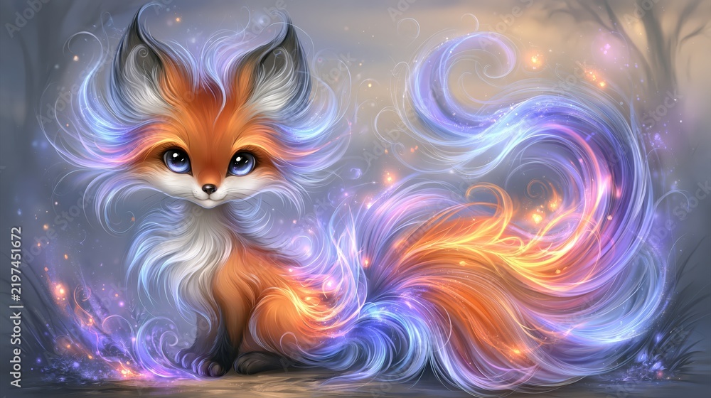 Obraz premium Mystical orange fox spirit surrounded by glowing flames, sparks and magical energy, creating a dramatic fantasy creature illustration with an ethereal atmosphere.