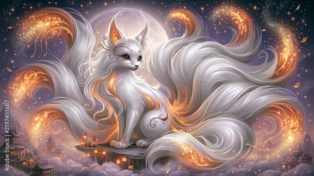 Obraz premium Majestic white nine-tailed fox spirit surrounded by golden magical energy beneath a full moon, with ancient temples and lanterns creating an enchanting Asian fantasy scene.