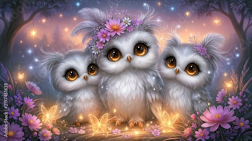Three adorable white owls with large purple eyes perched together on a branch surrounded by purple flowers and glowing stars.