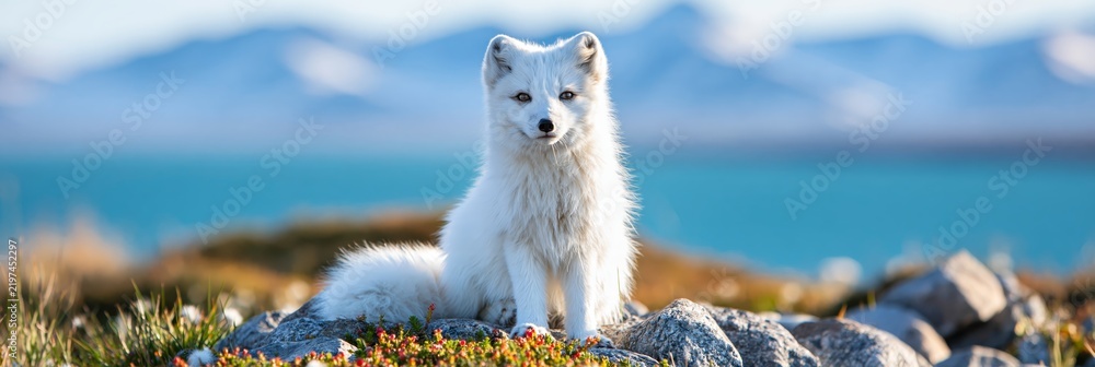Obraz premium Beautiful white Arctic fox sitting on rocky coastal terrain, surrounded by wildflowers with a calm blue sea and distant mountains in the background under soft natural light.