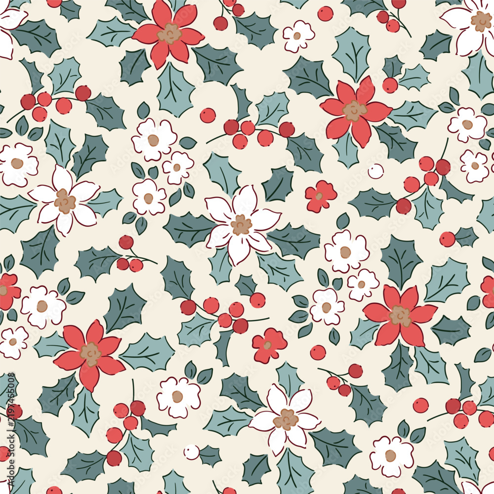 Obraz premium Christmas foliage seamless vector pattern. Hand drawn winter flora with tiny poinsettia and berry. Perfect for textile, wallpaper or nursery print design.