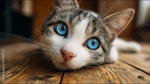 Close-up of a beautiful tabby cat with bright blue eyes resting on a wooden surface indoors