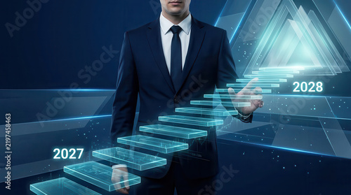 Business growth concept with professional ascending path from 2027-2028, representing digital transformation, strategic planning, career advancement, leadership, innovation, progress and success
