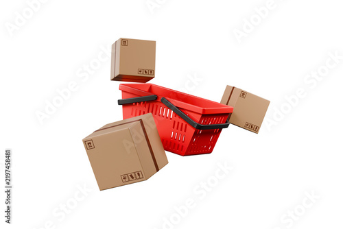3d shopping basket and delivery boxes icon. ecommerce order concept. minimal cartoon parcel, online shopping and retail delivery. isolated on white transparent background. 3d render.