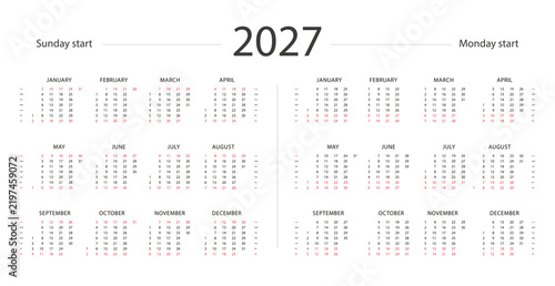 2027 Calendar Grid, Annual Yearly Vertical Calendar Template with 12 Months, Sunday and Monday Start, Minimal Planner for Printing, Business, Office and Scheduling, Vector Illustration