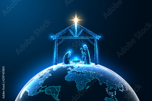 Christmas Nativity Scene and Holy Family Above Planet Earth Vector