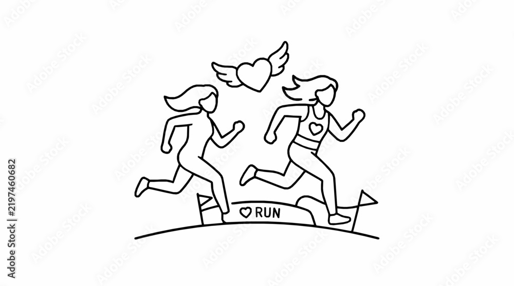 Obraz premium Two women running together in a race with a heart symbol with towards banner floating above them simple