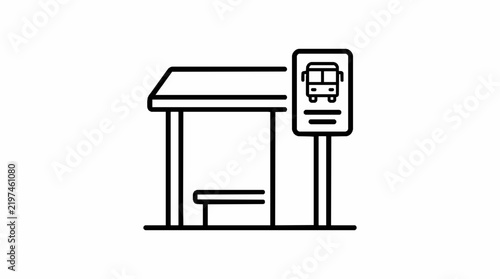 A simple black line icon of a bus stop with a bench with minimalist linear icon stop shelter adjacent