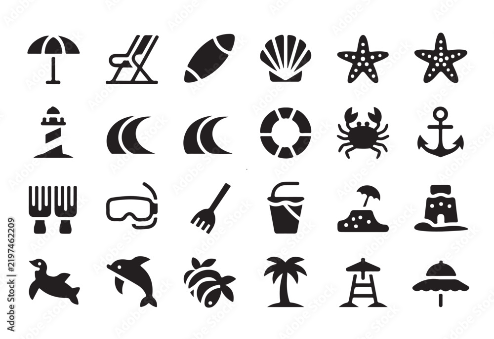 Fototapeta premium Set of Travel and Summer Vector Icons Featuring Beach, Sun, Sea, Tree, Food, Holiday and Vacation Symbols for Web Design and Illustration
