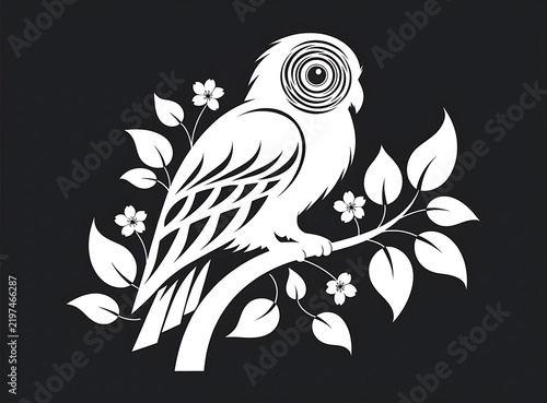 White owl perched on a branch with flowers illustration