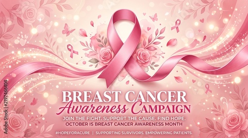 Pink ribbon symbol for breast cancer awareness month with floral background