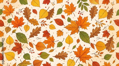 Seamless pattern of colorful autumn leaves on a light textured background