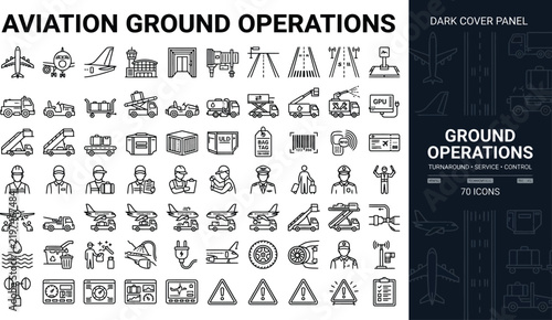 Aviation ground operations icons set for airport logistics and aircraft maintenance services