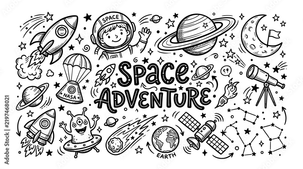 Obraz premium Hand Drawn Space Adventure Doodle Set
