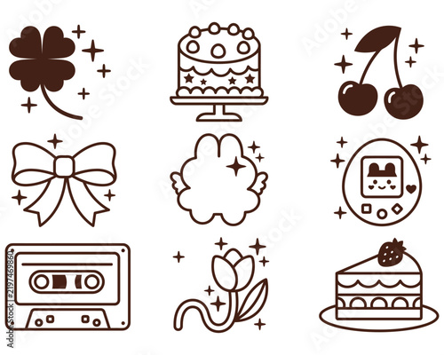 Cute Y2K Aesthetic Icon Set Featuring Retro Elements Like Cassette Tapes, Cherries, Cakes, and Bows