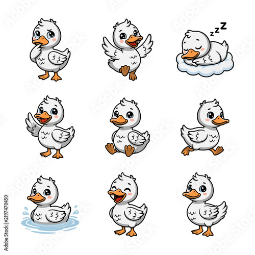 Cute White Duck Mascot Character Pose Collection Vector Illustration