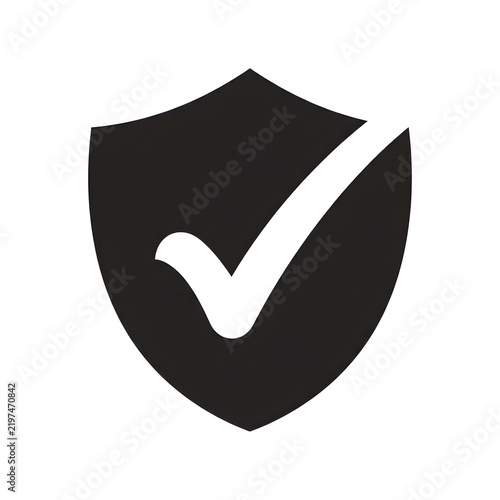 Black shield icon with white checkmark on transparent background security and protection symbol