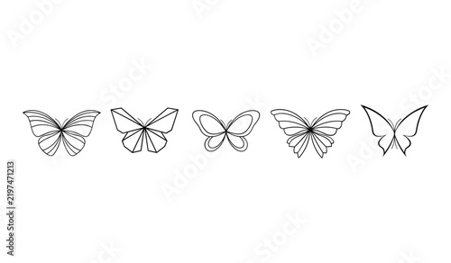 Collection of five different butterfly silhouettes with minimalist line style isolated on white background, for decorative use