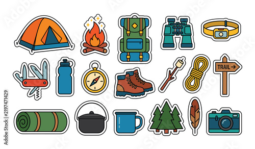 Colorful camping and hiking adventure sticker set featuring tent campfire backpack binoculars and outdoor survival equipment icons