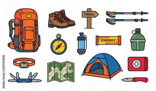Colorful hiking and camping equipment icons set featuring backpack boots compass map tent and survival gear for outdoor adventure