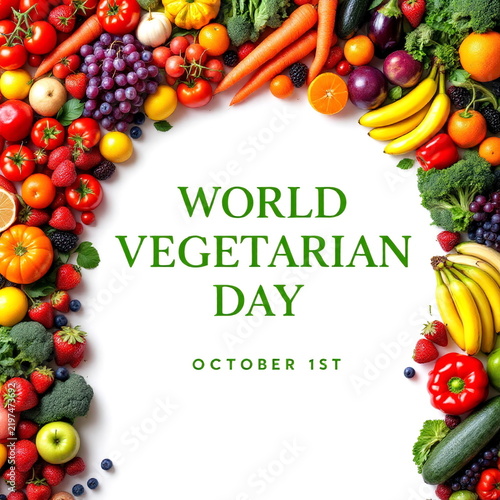 World Vegetarian Day October 1st Banner Fresh Organic Vegetables Fruits Frame Arch Isolated White Background Healthy Food Poster   